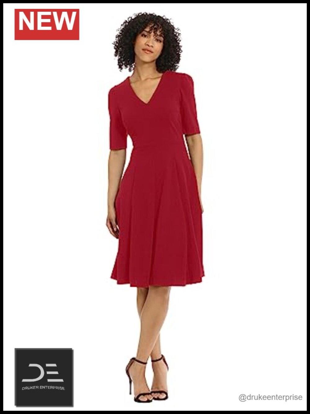 Stretch Crepe V-Neck Elbow Sleeve Fit and Flare Midi Dress with Pockets
